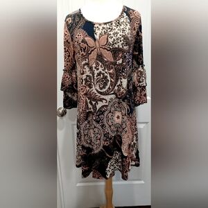 Boho Paisley Ruffle-Sleeve Tunic Dress in Navy and Blush